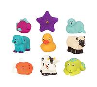 Battat Muñecos de baño Bath Buddies, animalitos rociadores | Muñecos de baño suaves y apretables para la bañera, con tubo reutilizable para guardarlos. Set de 9, 10 meses y +