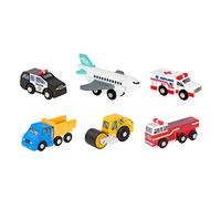 Battat - Vehículos de Madera Set 2 - Coches de Juguete en Miniatura - Minis de Madera de 6 Piezas - Vehículos clásicos de Rescate y construcción - Apisonadora, volquete - 3 años +