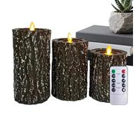 Battery Operated Candles - Fake Flickering Tree Stump Light, Remote Timer Moving Wick,Paraffin Wax Pillar Set | Ambient Yellow Glow, Outdoor Wedding Party Proposal Shower Home Table Window Centrepiece