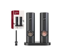 Battery-powered electric salt and pepper mill set with base, light and grind adjustment, black