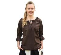 Battle-Merchant - Birga - Blusa Medieval para Mujer - Manga 3/4 - Algodón - marrón, S