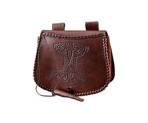 Battle-Merchant - Bolsa Medieval de Cuero para el cinturón - con Martillo de Thor en Relieve - Accesorios de Estilo Vikingo para Larp - Unisex - Marrón