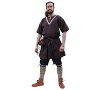 Battle-Merchant - Túnica Medieval Ailrik de Manga Corta - con Ribete Bordado - Disfraz de Guerrero Vikingo para Carnaval - Marrón - M