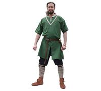 Battle-Merchant - Túnica Medieval Ailrik de Manga Corta - con Ribete Bordado - Disfraz de Guerrero Vikingo para Carnaval - Verde - L