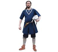 Battle-Merchant - Túnica medieval Ailrik de manga corta - Con ribete bordado - Disfraz de guerrero vikingo para carnaval - Azul - L