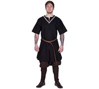 Battle-Merchant - Túnica Medieval Ailrik de Manga Corta - con Ribete Bordado - Disfraz de Guerrero Vikingo para Carnaval - Negro - XL