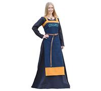 Battle-Merchant - Vestido de Tirantes Hilja con Bordado - Ropa de Estilo Vikingo para Larp - Algodón - Azul/Amarillo Mostaza o Rojo/Azul petróleo - Azul - M