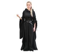 Battle-Merchant - Vestido largo medieval Isra con mangas de trompeta y generosa capucha para mujer - para carnaval, Halloween, LARP (L, negro)