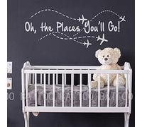 BATTOO Calcomanía de pared de avión - Oh The Places You go - Cita de pared de guardería - Avión - Pegatina de pared piloto - Pegatina de pared para niño (blanco, 30 pulgadas de ancho x 11.5 pulgadas de alto)