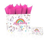BATYONGOGA Bolsa grande de regalo de cumpleaños de unicornios de 13 pulgadas con asas, tarjeta de felicitación y papeles de seda, temática de arco iris para fiestas de cumpleaños infantiles, niños,