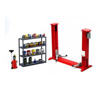 BAUBAUPLAY Escala 1:18 para reparación de coches, grúa de pórtico, estantería de almacenamiento de aceite y aspirador hidráulico de aceite, modelo de bricolaje, taller de coche, escena de tuning
