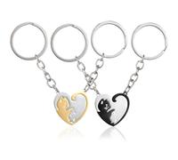 BAUCH Lote de 2 Pares de Llaveros de Pareja con Gato y Corazón (Negro&Blanco + Dorado&Plata), Regalo de San Valentín y Amistad para Parejas