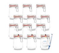 Bauer Flaschenbauer - Juego de 12 tarros de almacenamiento de 800 ml, adecuados como tarro para conservas y fermentación, para almacenamiento, relleno, vasos de alambre, incluye etiquetas, fabricado