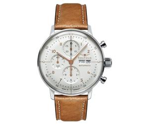 Bauhaus 2018-1 Reloj cronógrafo automático para hombre, acero inoxidable, plata, blanco, cuero marrón