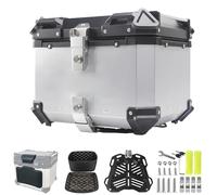 Baúl de aluminio para scooter y moto, impermeable, con bloqueo de seguridad, placa de base de desmontaje rápido y respaldo (plateado, 55 L)