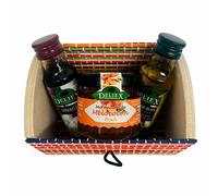 Baúl de madera multicolor con miniaturas de aceite, vinagre y mermelada para regalo (Pack 24 ud) Para regalar a los invitados de tu boda, bautizo o demás.