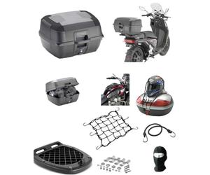 Baúl K45NN cuadrado Monolock + placa + red Kappa para 2 cascos integrales/Jet + accesorios 45 l. Inserciones negras para moto/scooter con portaequipajes trasero compatible con Benelli 491 RR réplica