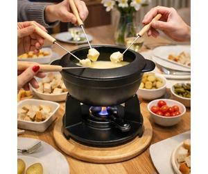 BAUMALU - Juego para fondue - Caquelón de hierro fundido - Tapa antisalpicaduras - Hornillo - Quemador de masa - 6 tenedores - Bandeja de madera - Fondue Bourguignonne, Savoyarde o Chocolate - Negro