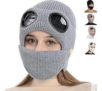 BAUNBRHY 3-in-1 Unisex Knitted Goggles Beanie, Ski Mask with Goggles & Detachable Mask, with Face Mask & Ear Cover, Goggle Knitted Beanie Hat Windproof Warm Winter Skull Cap for Men Women -Gray