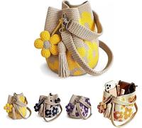 BAUNBRHY Handmade Crochet Flower Tote, Crochet Flowers Handmade, Knit Floral Purse Bag with Cute Flower&Tassel Charm, Boho Floral Woven Beach Bags for Shopping, Beach, Travel, Daily Use(C)
