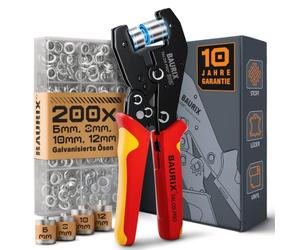 BAURIX® TALOS PRO - Alicates para ojales, incluye 200 ojales de 6,8,10,12 | Modelo TALOS PRO. Alicates para ojales con 4 inserciones magnéticas (6/8/10/12 mm) y 200 ojales, para PVC, tela