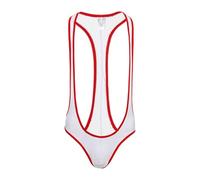 Bauzuoyo Body de malla para hombre, ropa interior de malla transpirable con espalda abierta, tirantes, borat, mankini, cuello en V, lucha libre, singlet, traje de baño de una pieza, Blanco, L