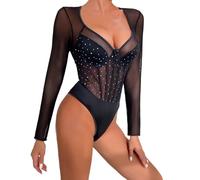 Bauzuoyo Body para mujer de encaje de manga larga, mono con purpurina, sexy, malla transparente, body moldeador de figuras, parte superior, elegante, tanga, estrecho, brillante, blusa, Negro , S