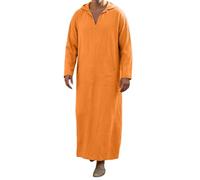 Bauzuoyo Caftán de algodón y lino de manga larga para hombre con cuello en V Dubai Robe con capucha y bolsillos Ropa de oración musulmana para hombres Turquía Árabe Abaya Ramadán Ropa casual, naranja