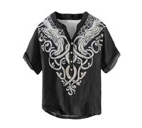 Bauzuoyo Camisas de lino para hombre, camisa medieval, impresión vikinga, manga corta, túnica medieval, delgada, ligera, transpirable, camiseta de verano para festival, fiesta, viaje, evento temático