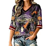 Bauzuoyo Camiseta de Halloween para mujer, cuello en V, manga 3/4, fantasma, calabaza, estampado, fiesta, ocio, gótico, vintage, ropa de calle, informal, holgada, cómoda, transpirable, tallas grandes