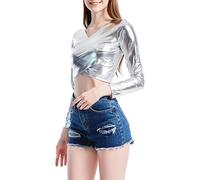 Bauzuoyo Camiseta metálica para mujer, brillante, cuello en V, sexy, aspecto mojado, parte superior, manga larga, básica, bandeau, carnaval, fiesta, escenario, disfraz, camiseta envolvente para