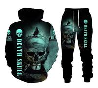 Bauzuoyo Chándal para hombre de Halloween divertido 3D con estampado de calavera, traje de chándal de manga larga con capucha y pantalones deportivos, traje de ocio holgado, traje deportivo de dos