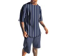 Bauzuoyo Conjunto de pijama para hombre para primavera y verano, a rayas, imitación de satén, seda, camisa cómoda, pantalones cortos, traje de servicio doméstico, conjunto de pijama para hombre,