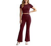 Bauzuoyo Conjunto de salón para mujer de dos piezas, traje de casa de manga corta, parte superior con cintura elástica ancha, pantalones de bateo, yoga, fitness, entrenamiento, ropa deportiva, chándal
