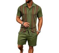 Bauzuoyo Conjunto de verano para hombre, camisa de manga corta a rayas y pantalones cortos, traje deportivo de 2 piezas, chándal de negocios, informal, traje de ocio para hombres, traje de playa