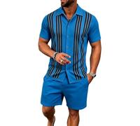 Bauzuoyo Conjunto de verano para hombre, camisa de manga corta a rayas y pantalones cortos, traje deportivo de 2 piezas, chándal de negocios, informal, traje de ocio para hombres, traje de playa