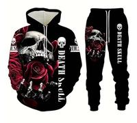 Bauzuoyo Disfraz de Halloween para hombre, 2 piezas, chándal con estampado de calavera, sudadera con capucha de dos piezas y pantalones de jogging, hip hop, ropa de calle, ropa de calle, holgada, ropa