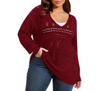 Bauzuoyo Jersey de punto de gran tamaño para mujer, cuello de pico, manga larga, hollow out, camiseta para primavera, verano, suave, cómoda, parte superior de baño, patrón de agujeros, poncho de playa