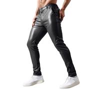 Bauzuoyo Pantalones de látex para hombre, aspecto mojado, elásticos, ajustados, de piel sintética, corte ajustado, pantalones largos de lápiz, ropa de club, suave, monocolor, de piel sintética, Negro