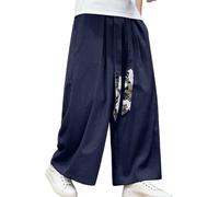 Bauzuoyo Pantalones de pierna ancha para hombre, pantalones de yoga japoneses, hip hop, ropa de calle holgada, diseño tradicional, cordón, transpirable, kimono ligero, pantalones casuales, marine, XXL