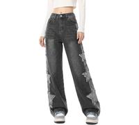 Bauzuoyo Pantalones vaqueros holgados para mujer con estampado de estrellas, cintura alta, estilo retro, para primavera y otoño, informales, pierna ancha, ropa de calle, punk, gótico, pierna recta