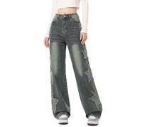 Bauzuoyo Pantalones vaqueros holgados para mujer con estampado de estrellas, cintura alta, estilo retro, para primavera y otoño, informales, pierna ancha, ropa de calle, punk, gótico, pierna recta