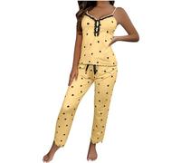 Bauzuoyo Pijama de día de San Valentín para mujer, conjunto de pijama sexy con ribete de encaje, cuello en V, sin mangas, camisola y pantalones, ropa de dormir suave, estampado de corazón, ropa de