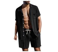 Bauzuoyo Pijama de lino de verano de 2 piezas para hombre, traje informal y pantalones cortos y camiseta, elegante traje de ocio, monocolor, dos piezas, manga corta, con botones, camisa corta, traje