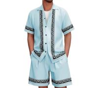 Bauzuoyo Pijama para hombre corto de verano conjunto de dos piezas camisa y pantalones cortos japoneses traje de verano vikingo estampado africano pijamas cómodos chándales hip hop ropa de calle, azul