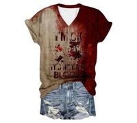 Bauzuoyo Problem Gelöst Shirt Damen Halloween V-Ausschnitt Kurzarm T-Shirt Blutigem bedrucktes Tops I'm Fine Horror Blood Muster Tshirt Funny Festlich Tops Streetbekleidung, A rojo., S