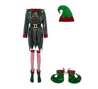 Bauzuoyo Ropa de Navidad para mujer, vestido festivo, disfraz de elfo, manga larga, vestido de lentejuelas con cascabeles, sombrero, calcetines, elegante disfraz de cosplay para carnaval, fiesta