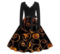 Bauzuoyo Vestido de Halloween para mujer, espeluznante, calabaza, vestido gótico, vestido de fiesta, manga larga, cuello en V, vestido de cóctel, vestido de noche, vestido de noche, vestido de bruja