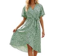 Bauzuoyo Vestido largo de verano para mujer, estilo bohemio, estampado floral, cuello en V, tallas grandes, vestido de fiesta, vestido casual, cintura alta, sexy, línea A, elegante, vestido de playa