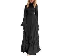 Bauzuoyo Vestido medieval para mujer, vestido largo con cordones, cuello alto, monocolor, vestido de noche con mangas trompeta, volantes, vestido de fiesta, Halloween, gótico, manga larga, vestido de